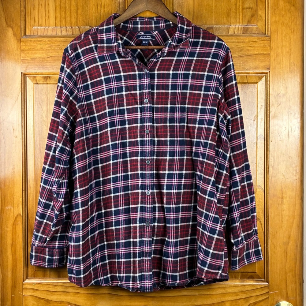 Lands End Womens 20W Red Navy Plaid Flannel Shirt Cotton Button Down 100% Cotton